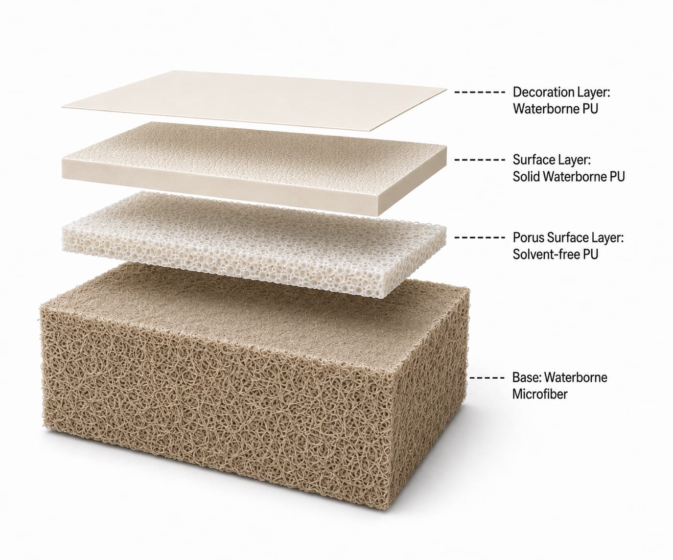 Aquapelle four-layer construction with waterborne and solvent-free PU layers