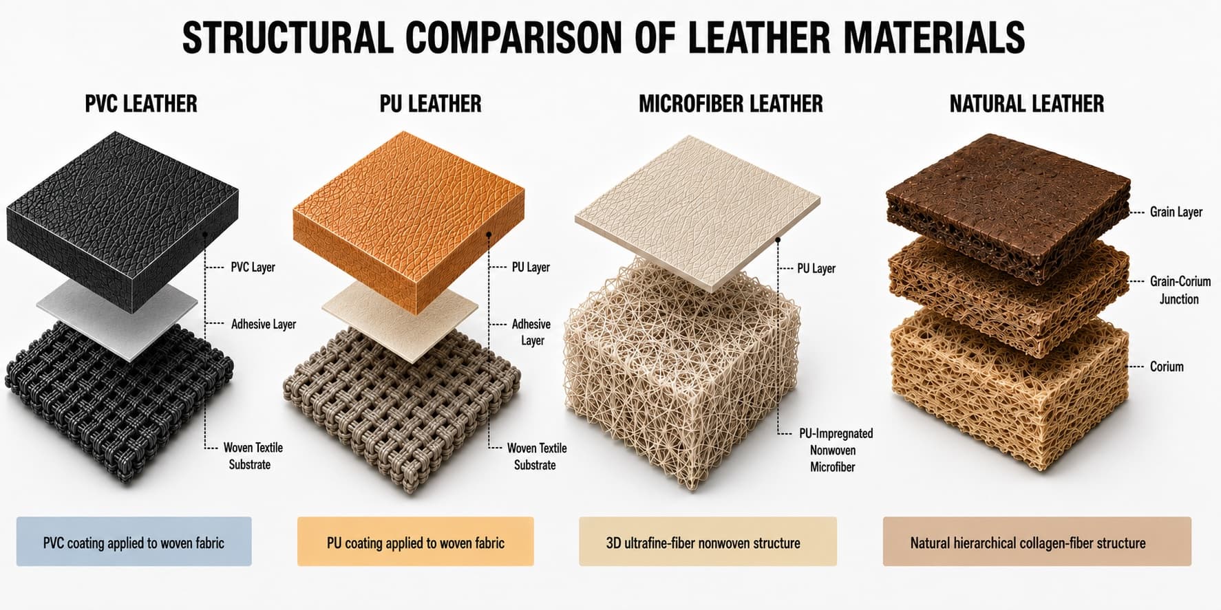 Structural comparison of PVC leather, PU leather, microfiber leather, and natural leather