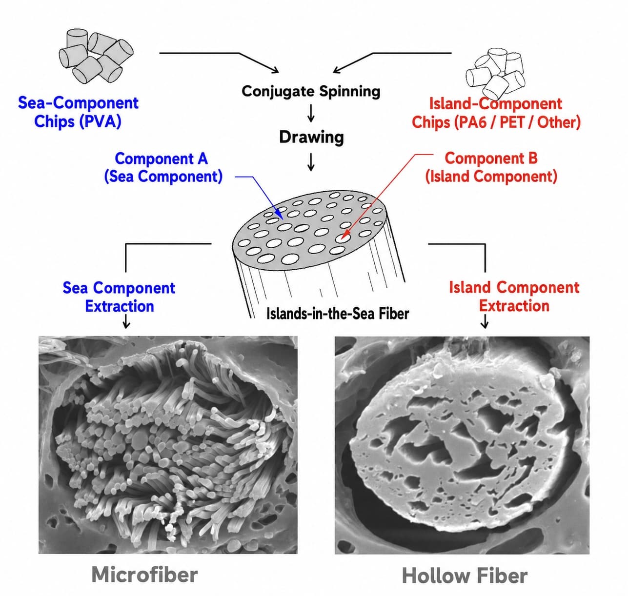 Islands-in-the-sea fibre structure and microfiber formation