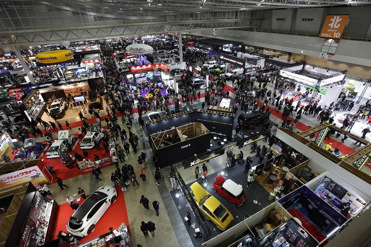 An overhead view of the busy Tokyo Auto Salon exhibition halls